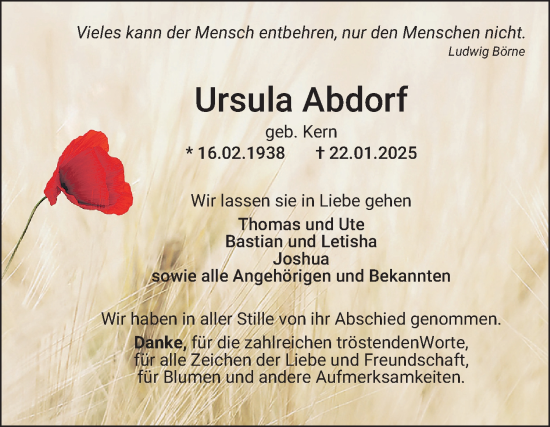Traueranzeige von Ursula Abdorf von Mannheimer Morgen