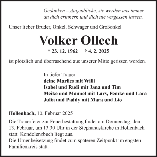 Traueranzeige von Volker Ollech von Fränkische Nachrichten