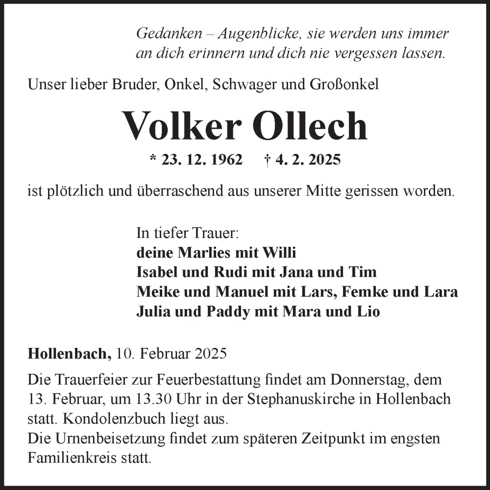  Traueranzeige für Volker Ollech vom 10.02.2025 aus Fränkische Nachrichten