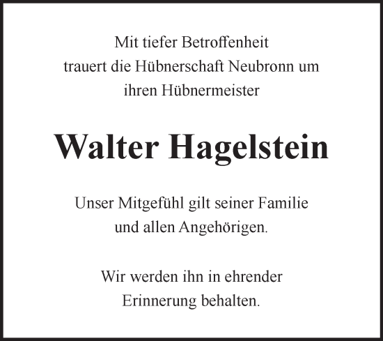 Traueranzeige von Walter Hagelstein von Fränkische Nachrichten