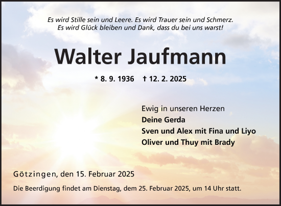 Traueranzeige von Walter Jaufmann von Fränkische Nachrichten