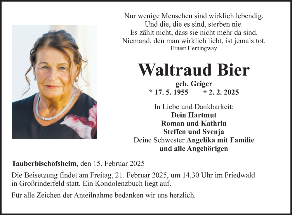  Traueranzeige für Waltraud Bier vom 15.02.2025 aus Fränkische Nachrichten