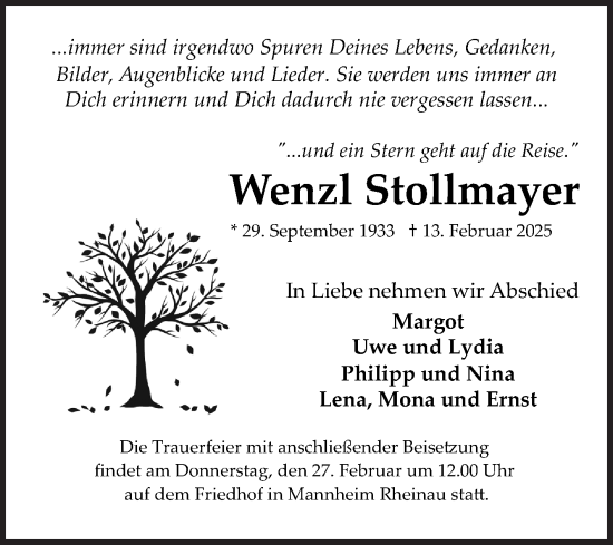 Traueranzeige von Wenzl Stollmayer von Mannheimer Morgen