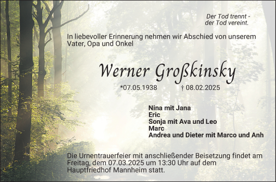 Traueranzeige von Werner Großkinsky von Mannheimer Morgen