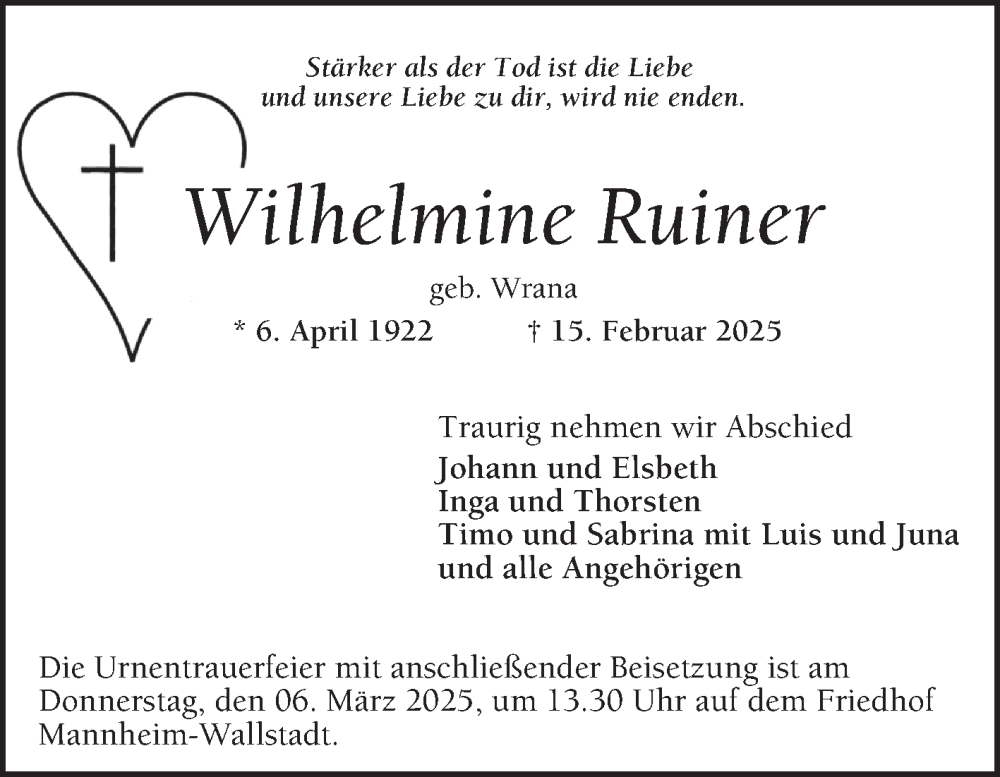  Traueranzeige für Wilhelmine Ruiner vom 22.02.2025 aus Mannheimer Morgen