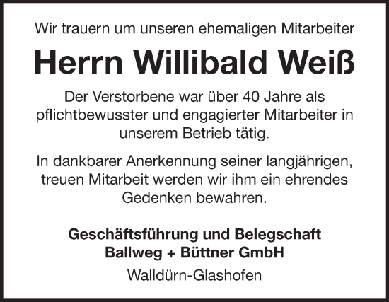 Traueranzeige von Willibald Weiß von Fränkische Nachrichten