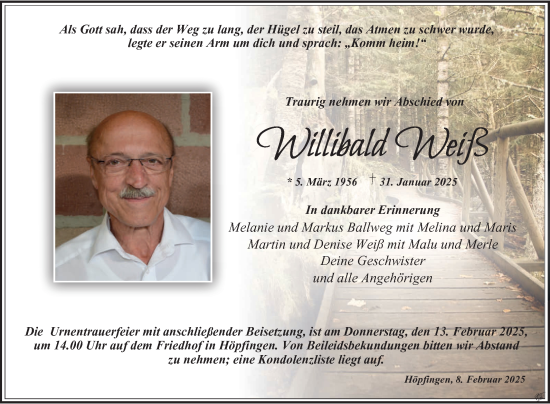 Traueranzeige von Willibald Weiß von Fränkische Nachrichten