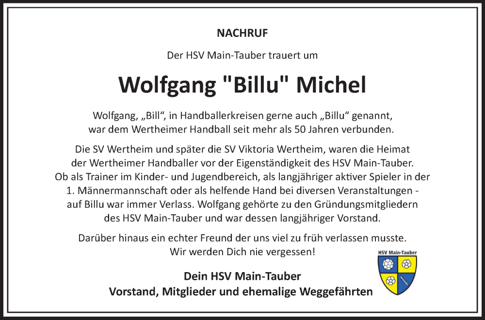  Traueranzeige für Wolfgang Michel vom 14.02.2025 aus Fränkische Nachrichten