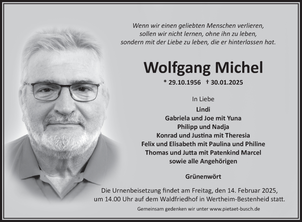  Traueranzeige für Wolfgang Michel vom 08.02.2025 aus Fränkische Nachrichten