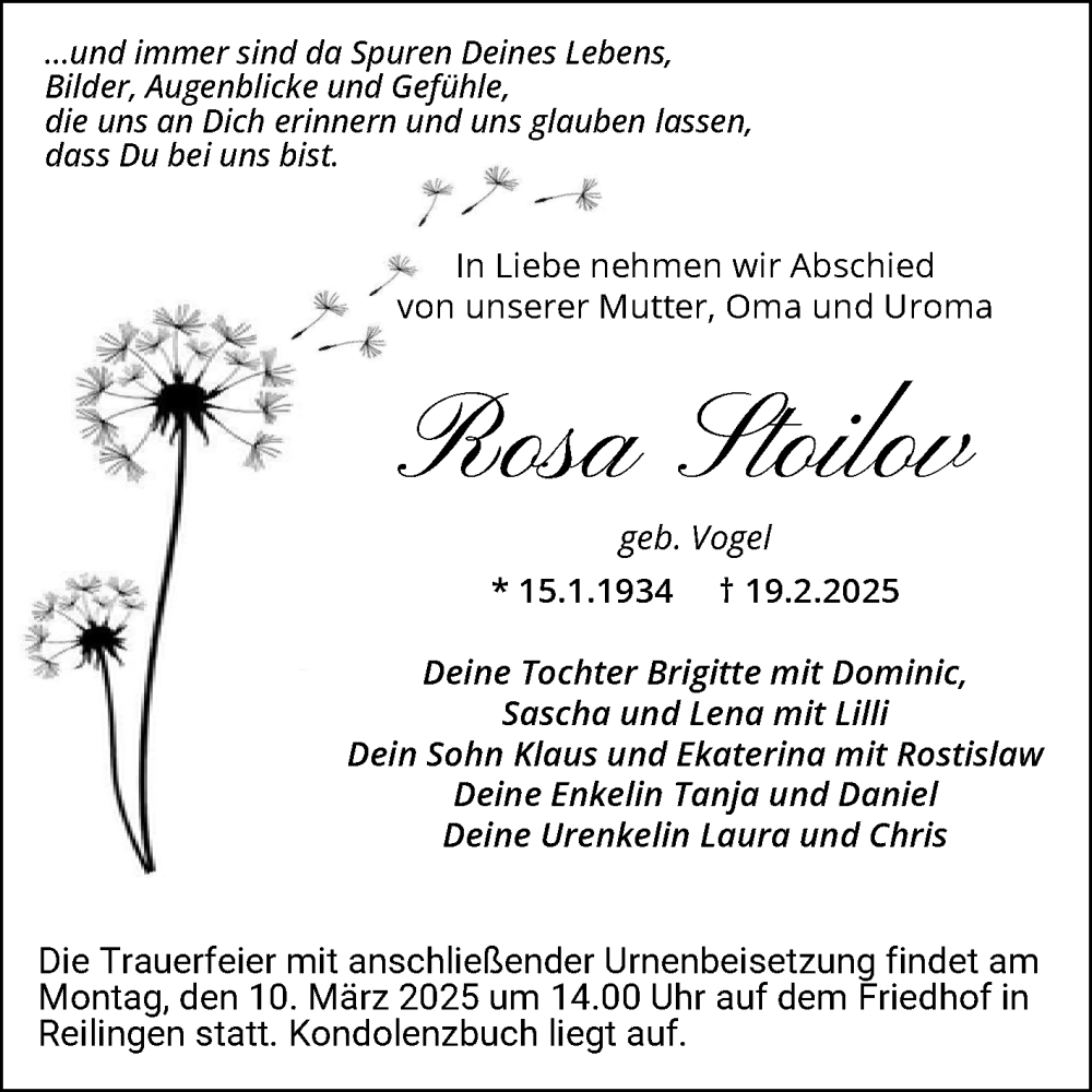  Traueranzeige für Rosa Stoilov vom 01.03.2025 aus Schwetzinger Zeitung
