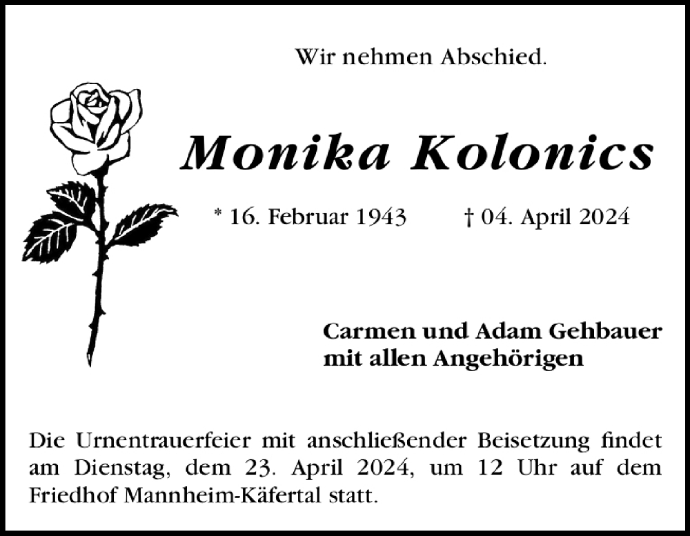  Traueranzeige für Monika Kolonics vom 12.04.2024 aus Mannheimer Morgen