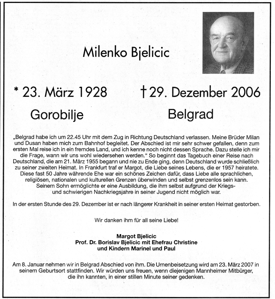  Traueranzeige für Margot Bjelicic vom 03.01.2007 aus Mannheimer Morgen