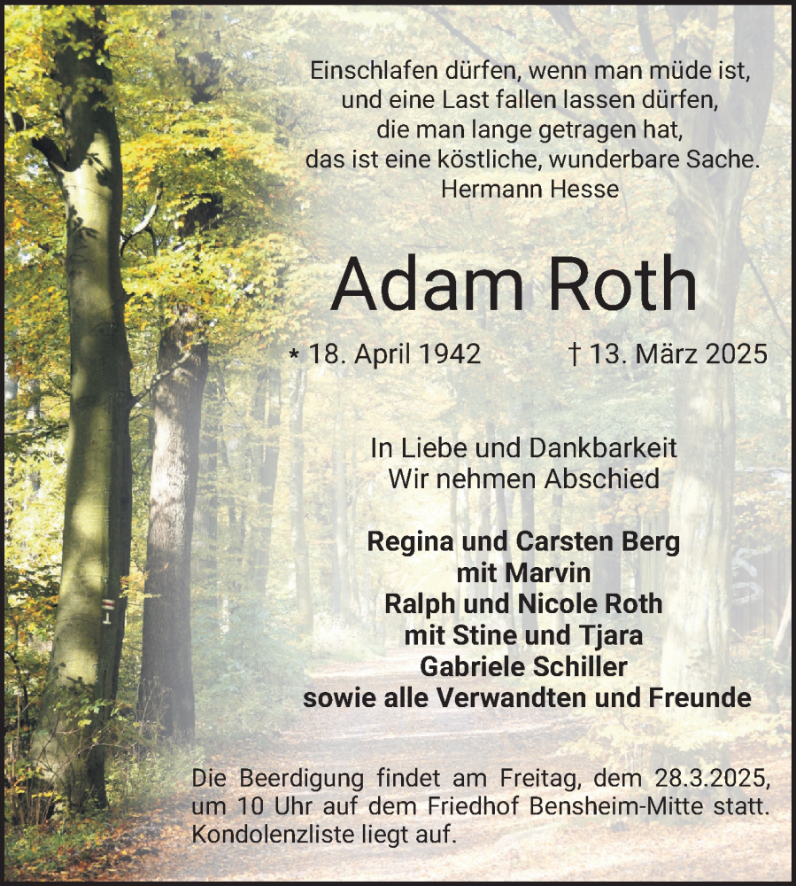  Traueranzeige für Adam Roth vom 22.03.2025 aus Bergsträßer Anzeiger