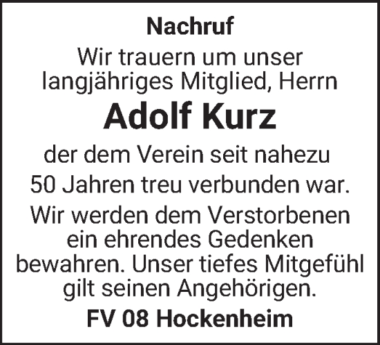Traueranzeige von Adolf Kurz von Schwetzinger Zeitung