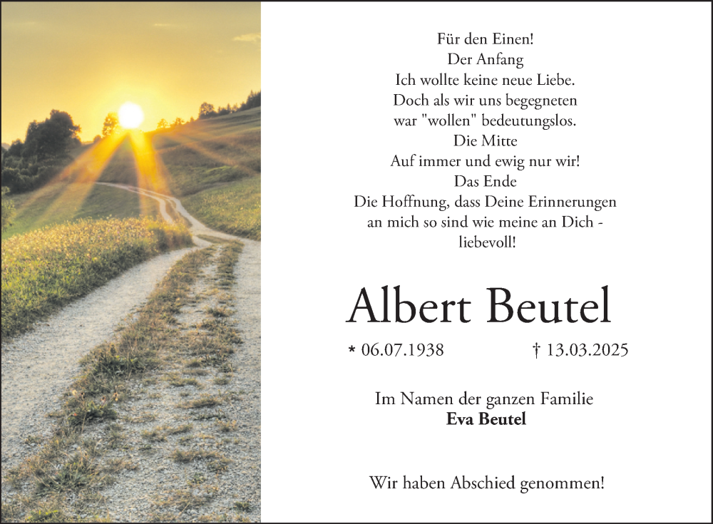 Traueranzeige für Albert Beutel vom 22.03.2025 aus Bergsträßer Anzeiger