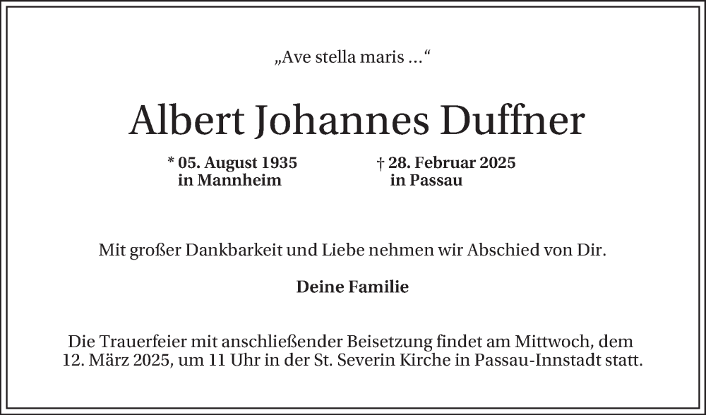  Traueranzeige für Albert Johannes Duffner vom 05.03.2025 aus Mannheimer Morgen