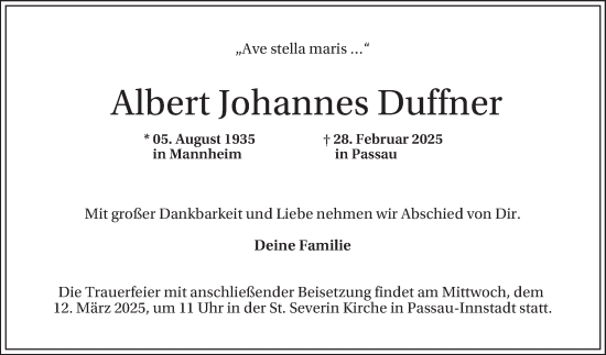 Traueranzeige von Albert Johannes Duffner von Mannheimer Morgen