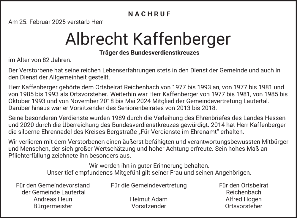  Traueranzeige für Albrecht Kaffenberger vom 08.03.2025 aus Bergsträßer Anzeiger