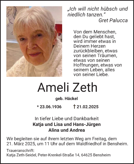 Traueranzeige von Ameli Zeth von Bergsträßer Anzeiger