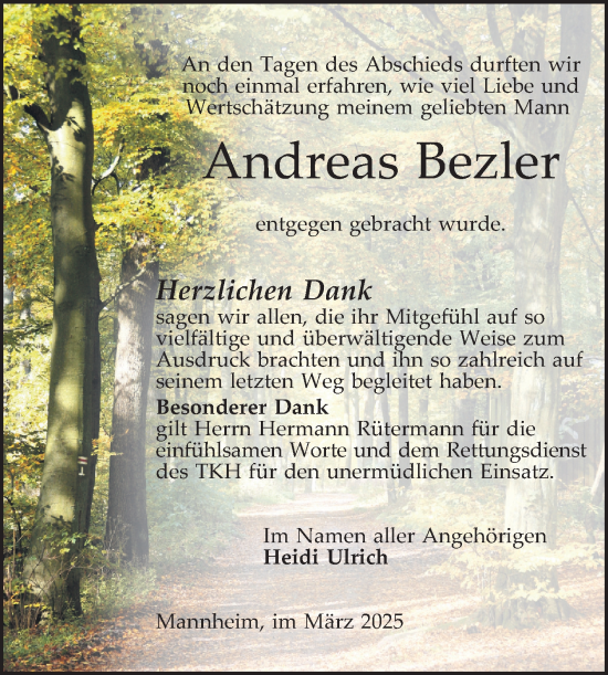 Traueranzeige von Andreas Bezler von Mannheimer Morgen