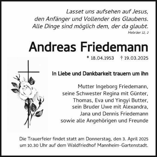 Traueranzeige von Andreas Friedemann von Mannheimer Morgen