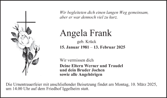 Traueranzeige von Angela Frank von Mannheimer Morgen