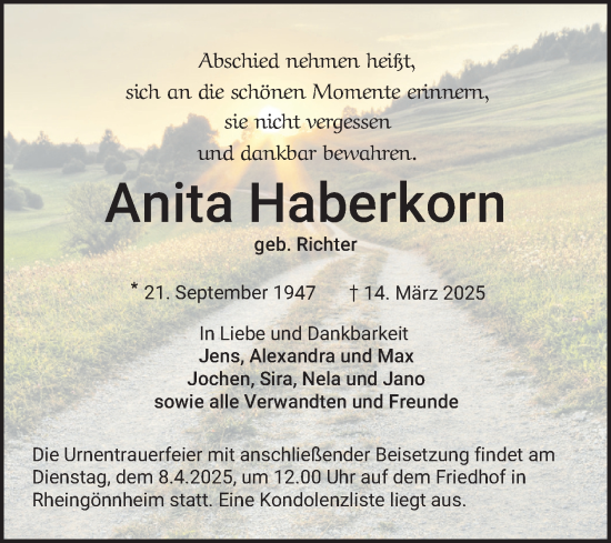 Traueranzeige von Anita Haberkorn von Mannheimer Morgen