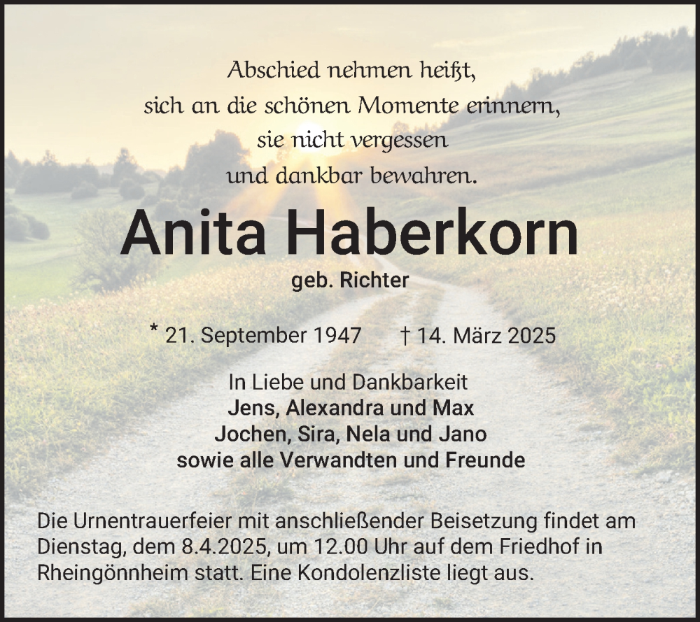  Traueranzeige für Anita Haberkorn vom 31.03.2025 aus Mannheimer Morgen
