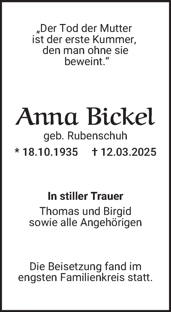 Traueranzeige von Anna Bickel von Mannheimer Morgen