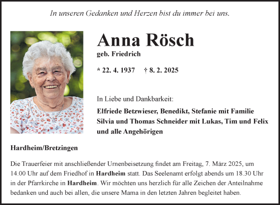 Traueranzeige von Anna Rösch von Fränkische Nachrichten