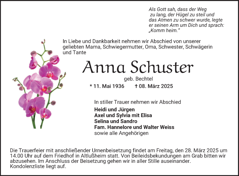  Traueranzeige für Anna Schuster vom 22.03.2025 aus Schwetzinger Zeitung