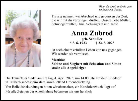 Traueranzeige von Anna Zubrod von Fränkische Nachrichten