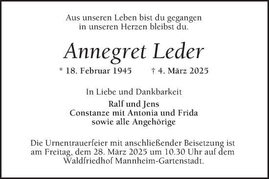 Traueranzeige von Annegret Leder von Mannheimer Morgen