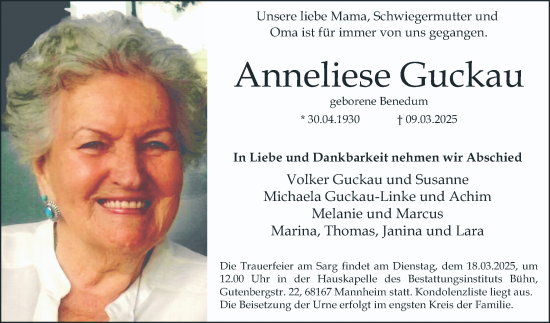 Traueranzeige von Anneliese Guckau von Mannheimer Morgen