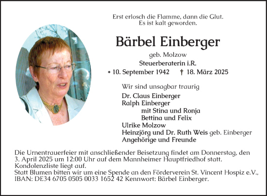 Traueranzeige von Bärbel Einberger von Mannheimer Morgen