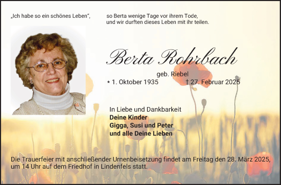 Traueranzeige von Berta Rohrbach von Bergsträßer Anzeiger