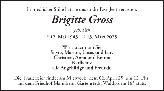 Traueranzeige von Brigitte Gross von Mannheimer Morgen