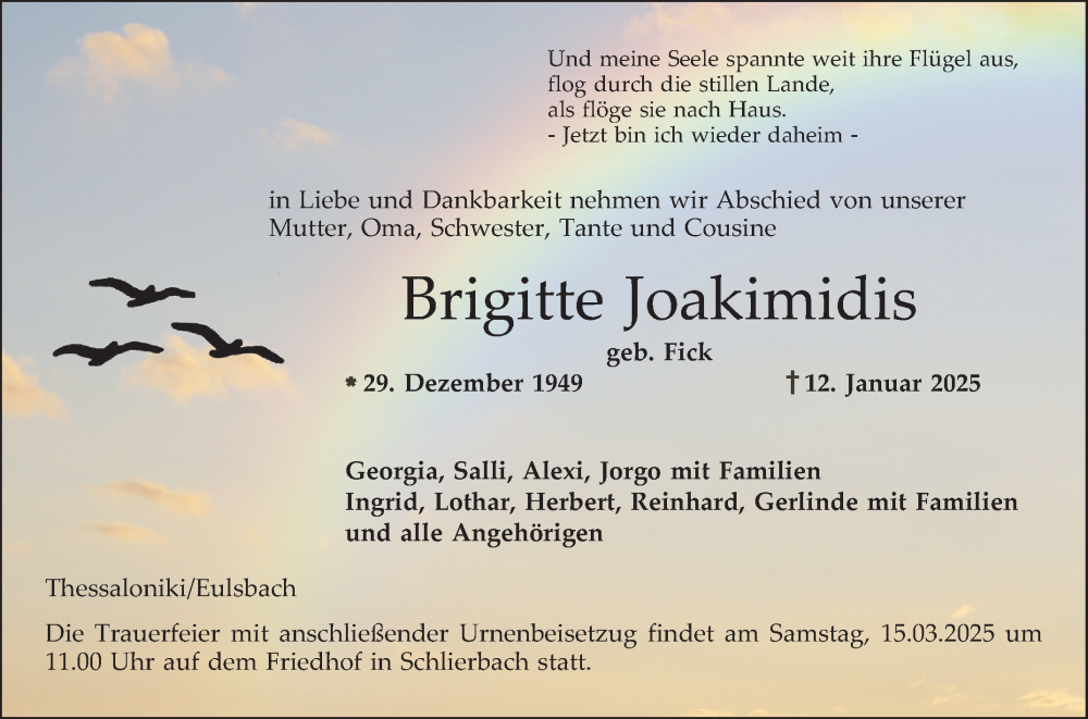  Traueranzeige für Brigitte Joakimidis vom 08.03.2025 aus Bergsträßer Anzeiger