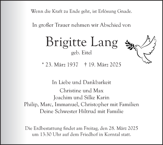 Traueranzeige von Brigitte Lang von Fränkische Nachrichten