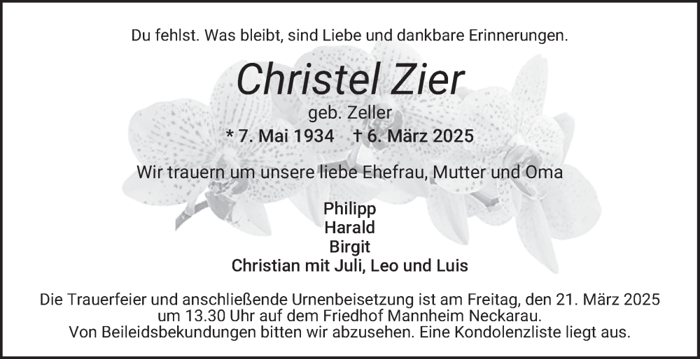  Traueranzeige für Christel Zier vom 15.03.2025 aus Mannheimer Morgen