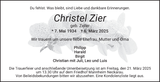 Traueranzeige von Christel Zier von Mannheimer Morgen