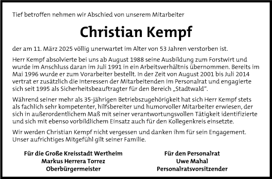 Traueranzeige von Christian Kempf von Fränkische Nachrichten