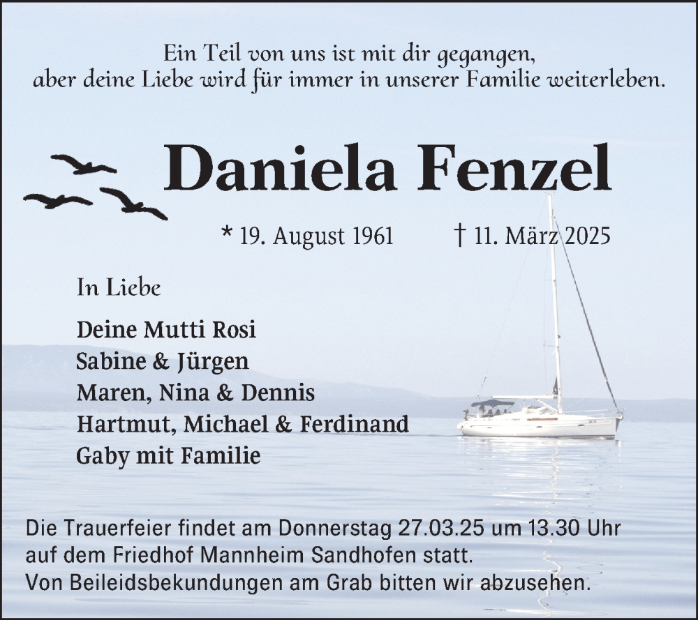  Traueranzeige für Daniela Fenzel vom 22.03.2025 aus Mannheimer Morgen