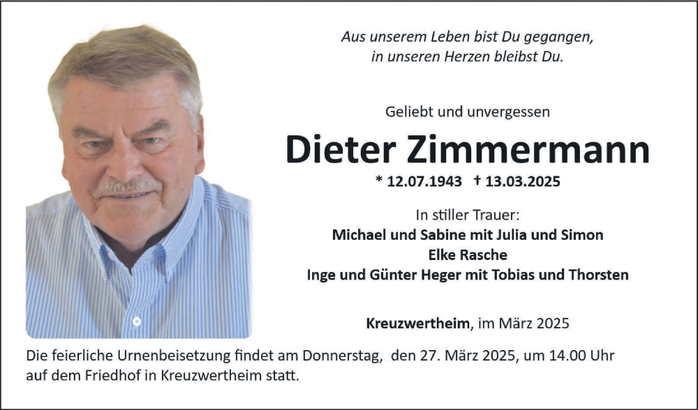  Traueranzeige für Dieter Zimmermann vom 22.03.2025 aus Fränkische Nachrichten