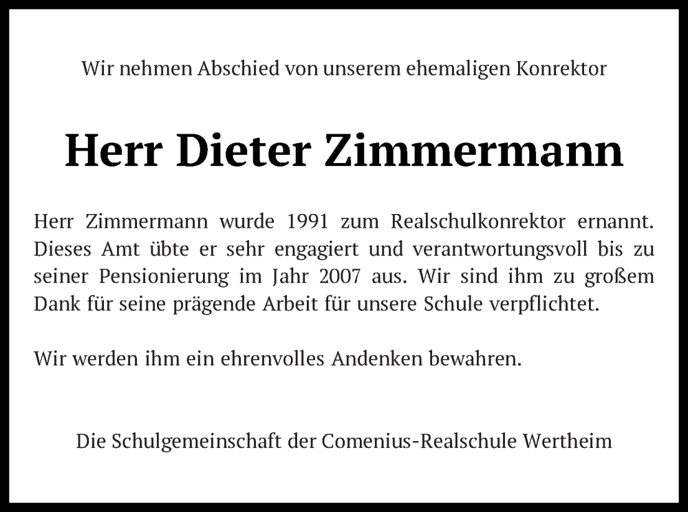  Traueranzeige für Dieter Zimmermann vom 26.03.2025 aus Fränkische Nachrichten