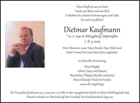 Traueranzeige von Dietmar Kaufmann von Fränkische Nachrichten