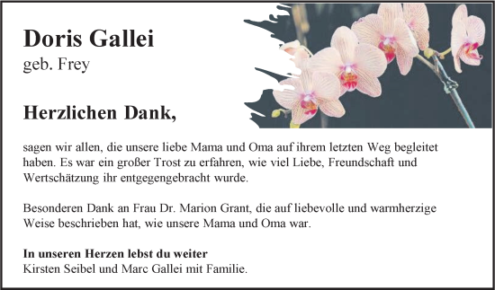 Traueranzeige von Doris Gallei von Bergsträßer Anzeiger