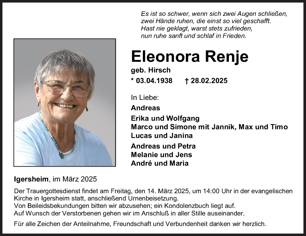  Traueranzeige für Eleonora Renje vom 11.03.2025 aus Fränkische Nachrichten