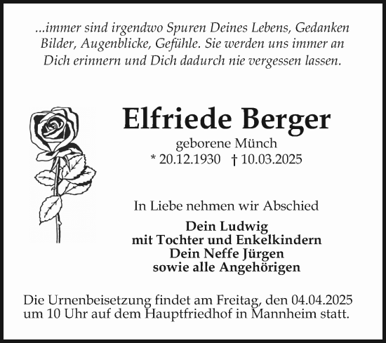 Traueranzeige von Elfriede Berger von Mannheimer Morgen