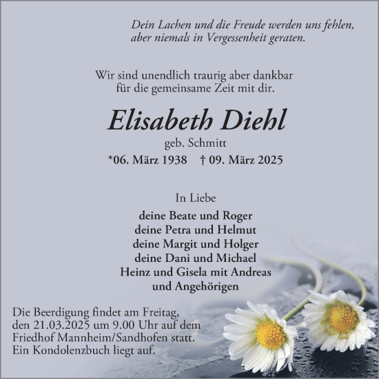 Traueranzeige von Elisabeth Diehl von Mannheimer Morgen
